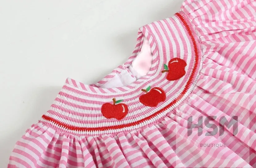 "The Big Apple" Smocked Striped Apple Bishop Embroidery Red Dress