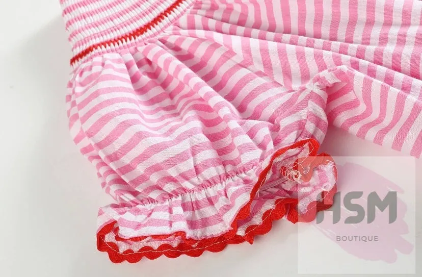 "The Big Apple" Smocked Striped Apple Bishop Embroidery Red Dress
