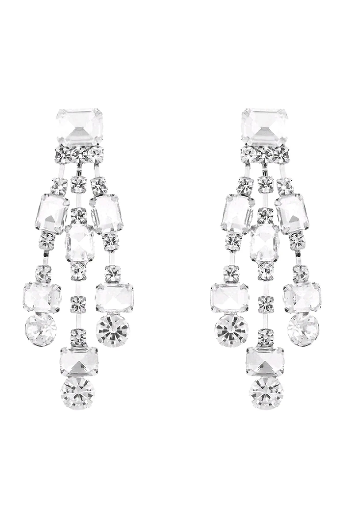 RECTANGULAR CUT RHINESTONE TASSEL DROP EARRINGS