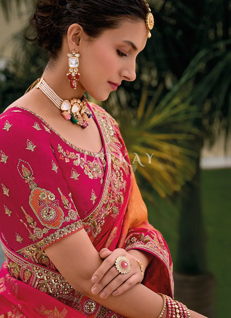 Red And Orange Floral Embroidery Saree