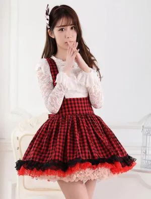 Red Black Gingham Lolita Skirt Salopette Lace Lining