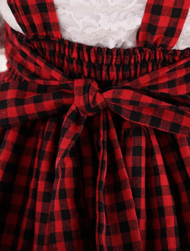 Red Black Gingham Lolita Skirt Salopette Lace Lining