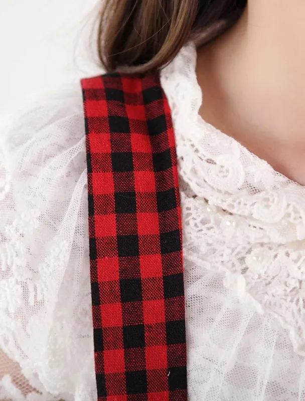 Red Black Gingham Lolita Skirt Salopette Lace Lining
