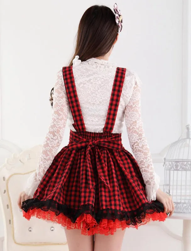 Red Black Gingham Lolita Skirt Salopette Lace Lining