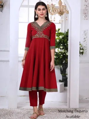 Red Cotton Embroidered Kurta Set with Brocade Lace and Neck Embroidery