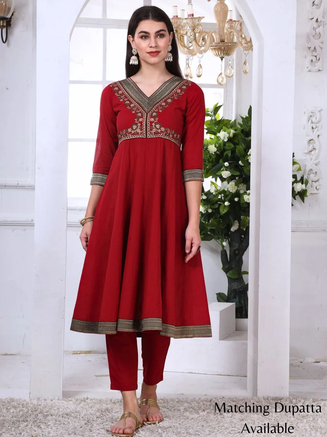 Red Cotton Embroidered Kurta Set with Brocade Lace and Neck Embroidery