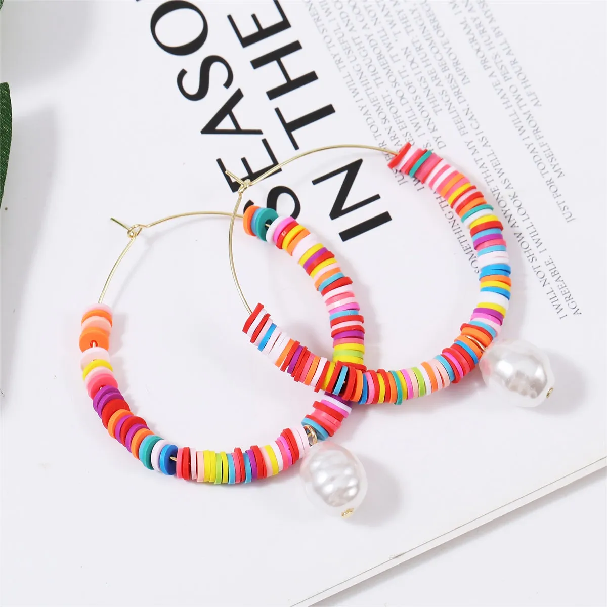 Red Multicolor Polymer Clay & Pearl Beaded Hoop Earrings