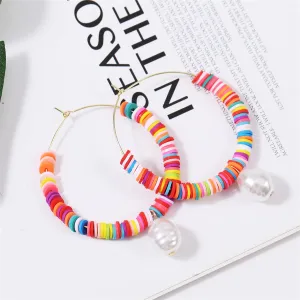 Red Multicolor Polymer Clay & Pearl Beaded Hoop Earrings