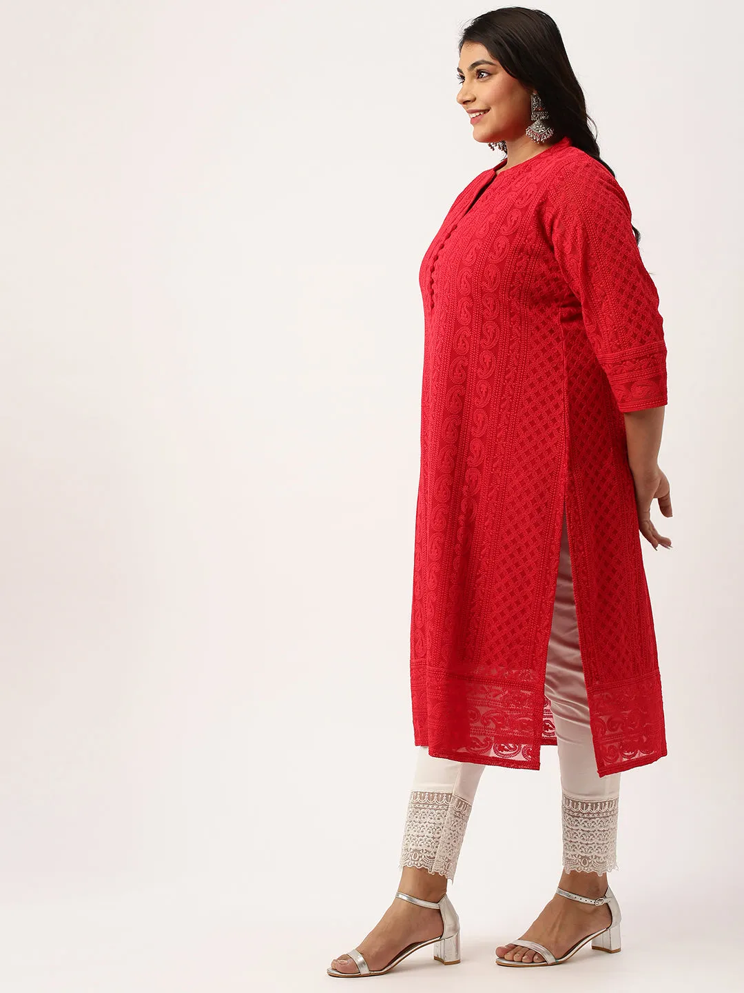 Red Paisley Embroidered Georgette Lucknowi Chikankari Kurta For Women - ZOLA