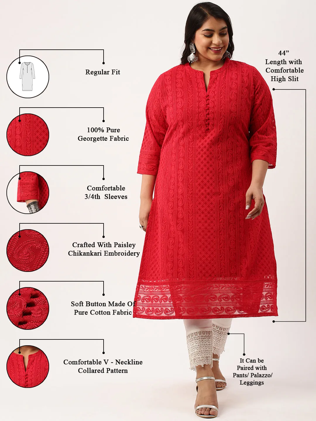 Red Paisley Embroidered Georgette Lucknowi Chikankari Kurta For Women - ZOLA