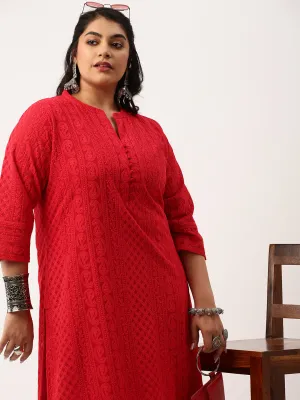 Red Paisley Embroidered Georgette Lucknowi Chikankari Kurta For Women - ZOLA