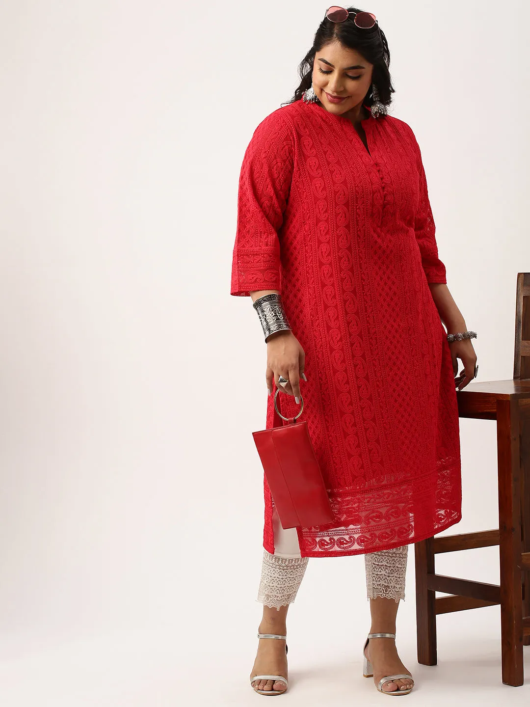 Red Paisley Embroidered Georgette Lucknowi Chikankari Kurta For Women - ZOLA