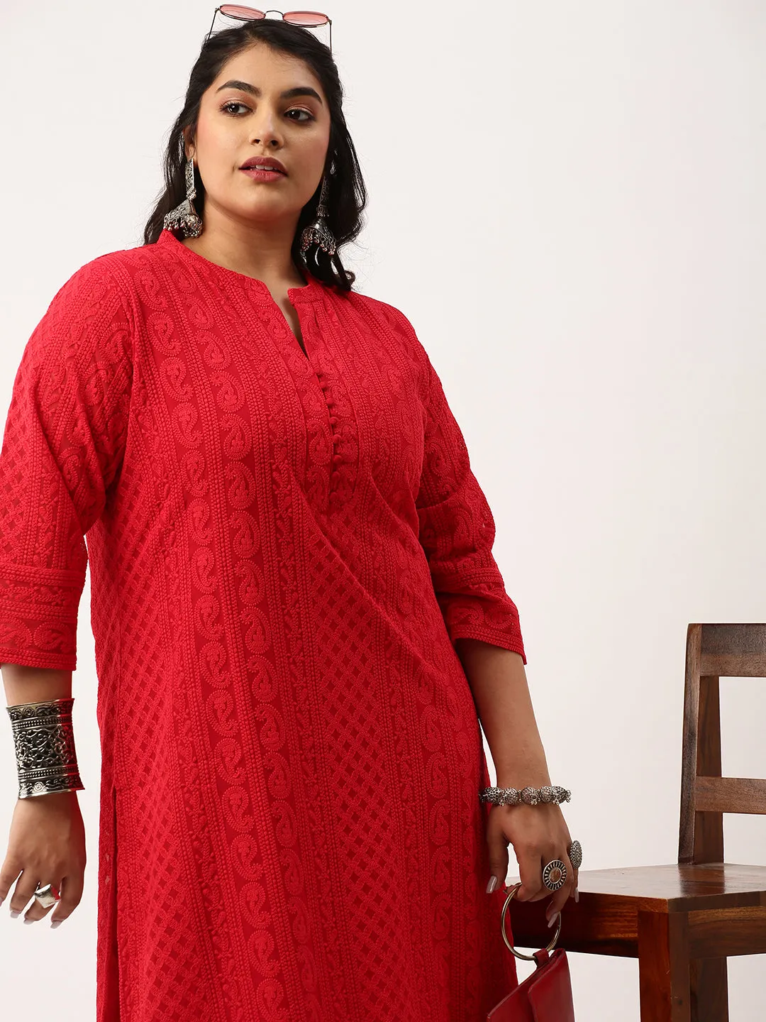 Red Paisley Embroidered Georgette Lucknowi Chikankari Kurta For Women - ZOLA