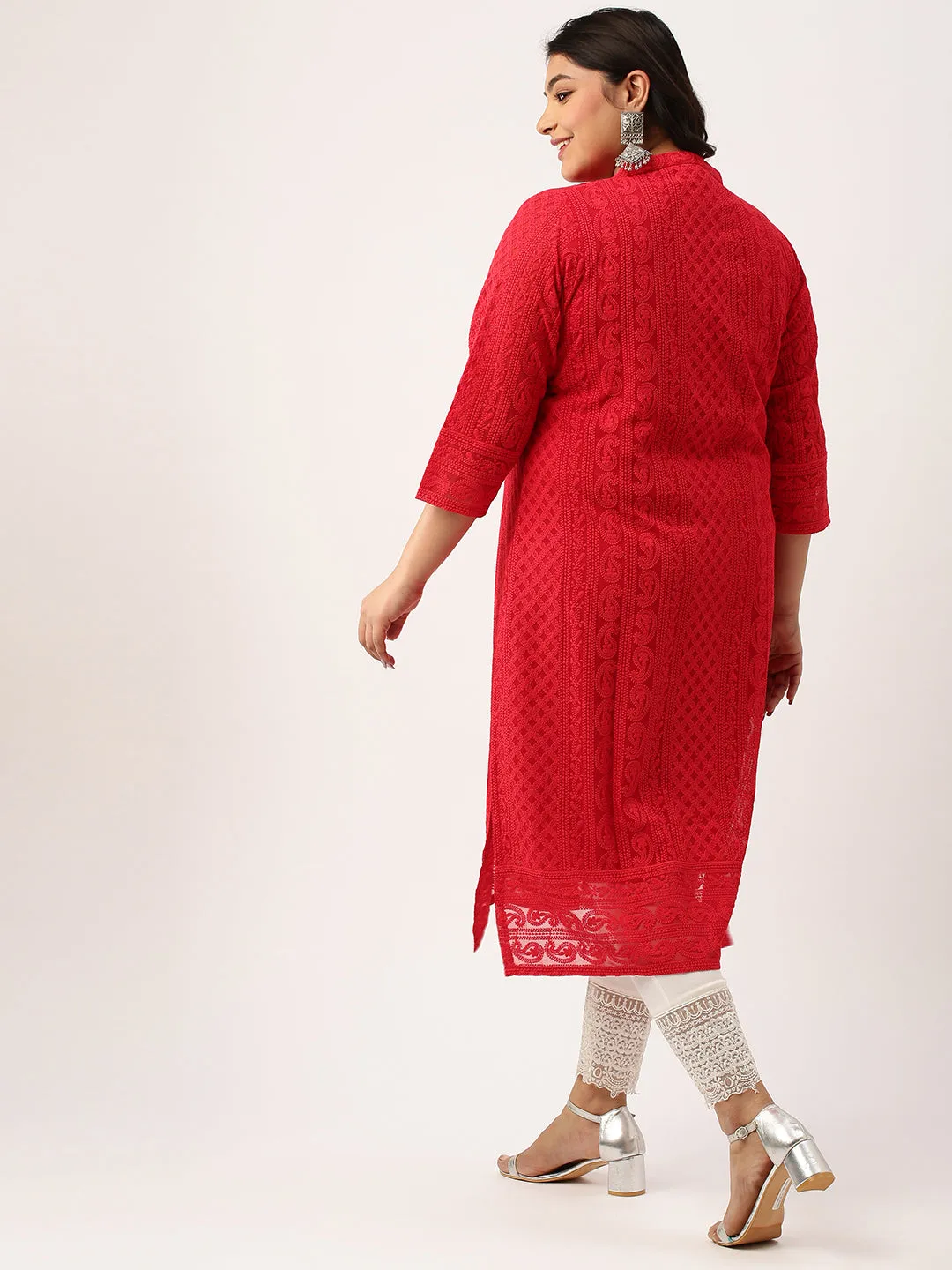 Red Paisley Embroidered Georgette Lucknowi Chikankari Kurta For Women - ZOLA