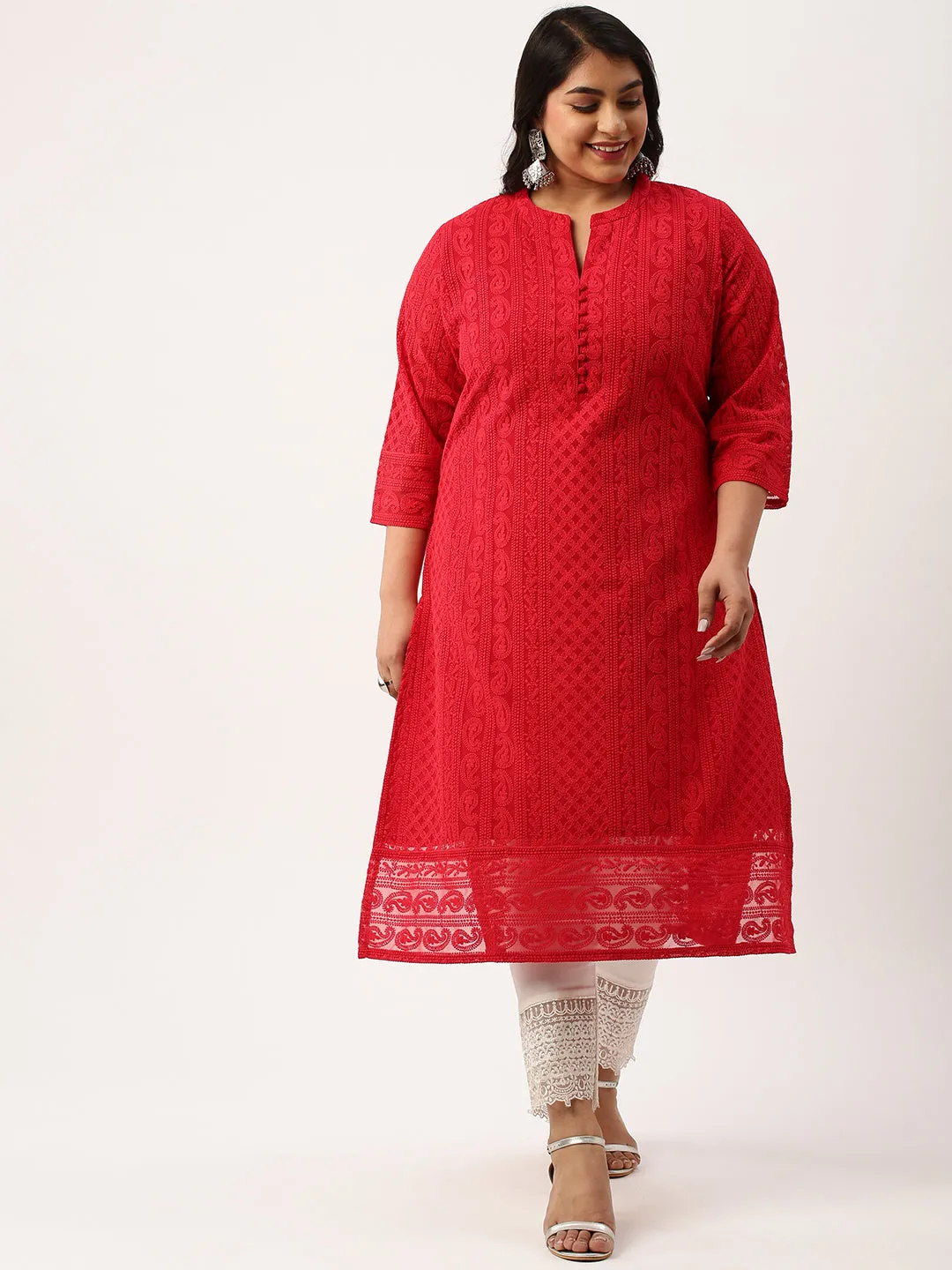 Red Paisley Embroidered Georgette Lucknowi Chikankari Kurta For Women - ZOLA