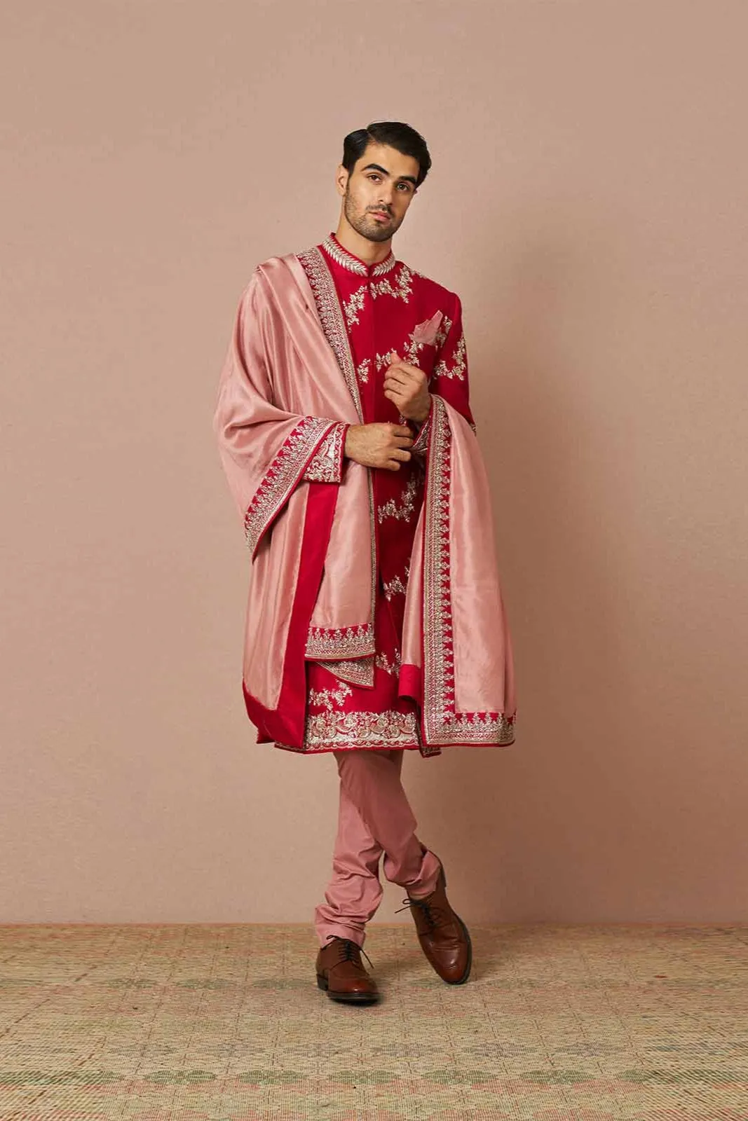 RED RAWSILK LEHARIA EMBROIDERED SHERWANI SET