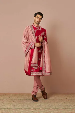 RED RAWSILK LEHARIA EMBROIDERED SHERWANI SET