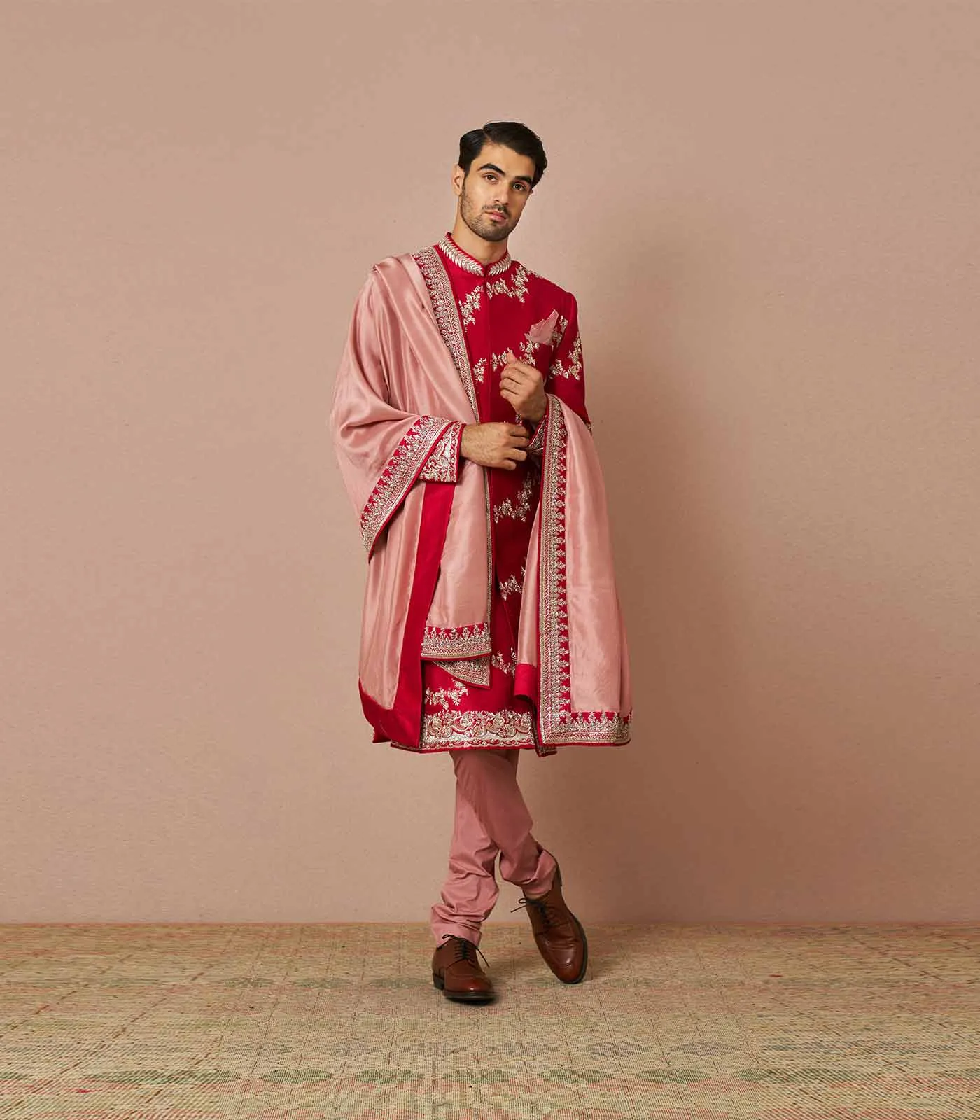 RED RAWSILK LEHARIA EMBROIDERED SHERWANI SET