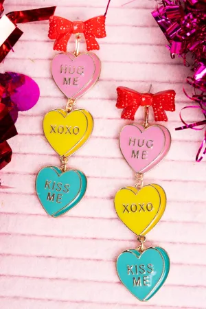 Red Ribbon Linked Conversation Hearts Goldtone Earrings