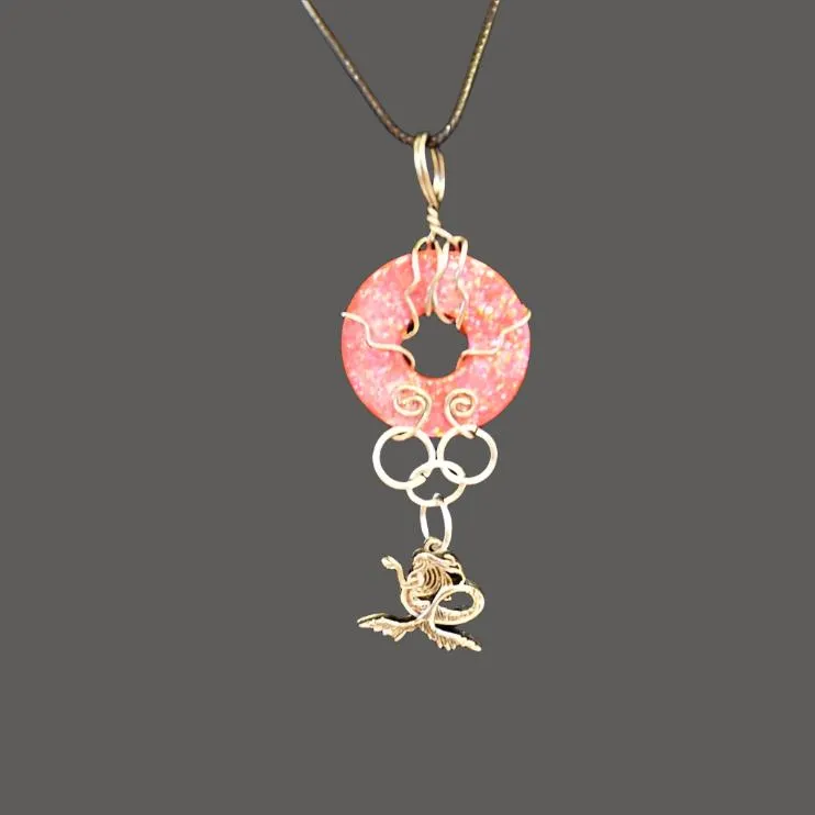 Red, sparkled and glazed mixed Metal  Handmade Pendant with hanging Mermaid Charm Necklace, wire wrapped