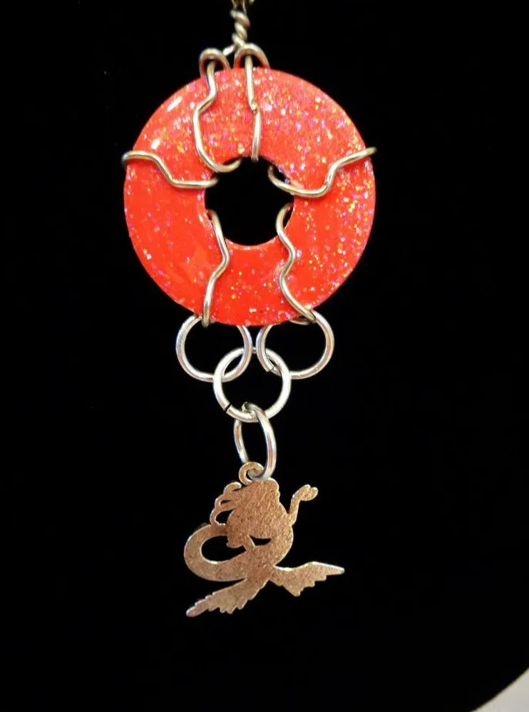 Red, sparkled and glazed mixed Metal  Handmade Pendant with hanging Mermaid Charm Necklace, wire wrapped