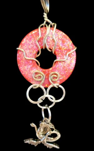 Red, sparkled and glazed mixed Metal  Handmade Pendant with hanging Mermaid Charm Necklace, wire wrapped