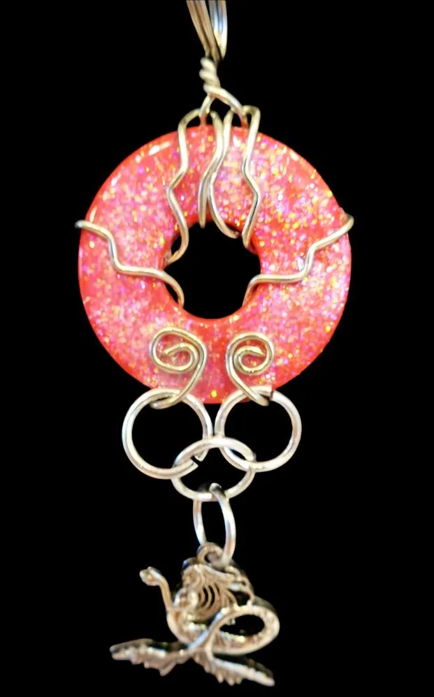 Red, sparkled and glazed mixed Metal  Handmade Pendant with hanging Mermaid Charm Necklace, wire wrapped