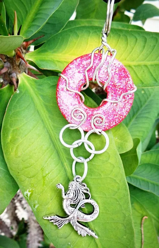 Red, sparkled and glazed mixed Metal  Handmade Pendant with hanging Mermaid Charm Necklace, wire wrapped