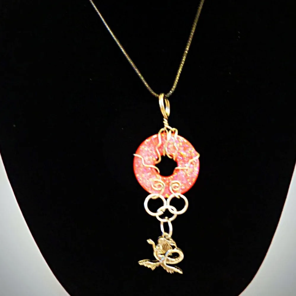 Red, sparkled and glazed mixed Metal  Handmade Pendant with hanging Mermaid Charm Necklace, wire wrapped