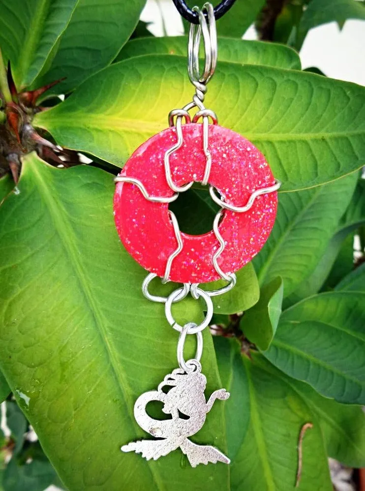 Red, sparkled and glazed mixed Metal  Handmade Pendant with hanging Mermaid Charm Necklace, wire wrapped