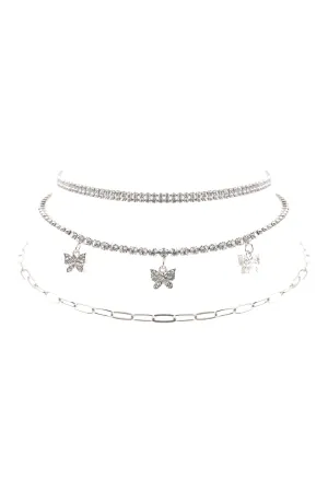 RHINESTONE BUTTERFLY CHARM 3 SET NECKLACE