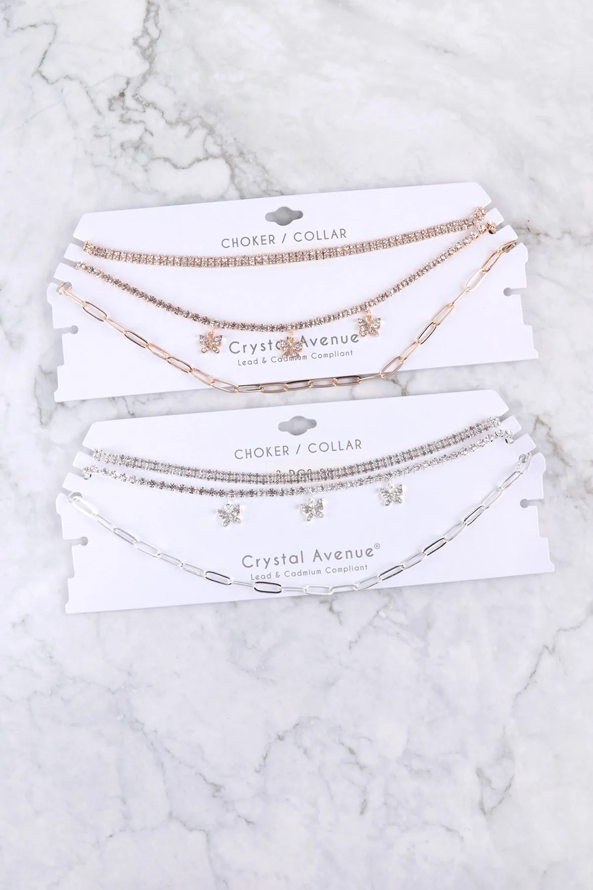 RHINESTONE BUTTERFLY CHARM 3 SET NECKLACE