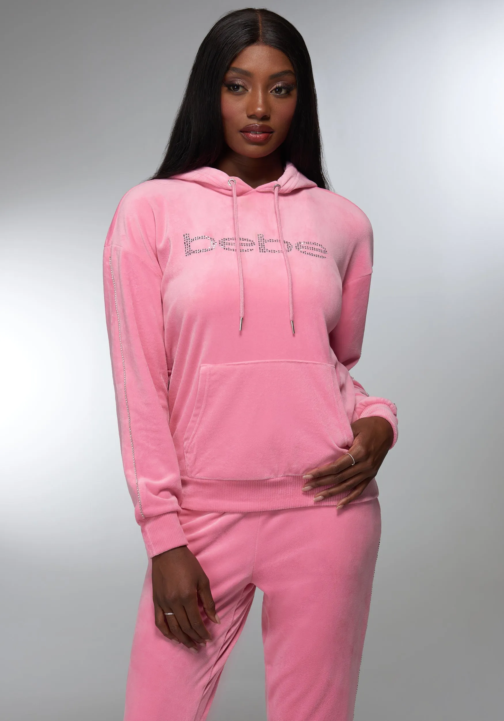 Rhinestone Detail Velour Hoodie