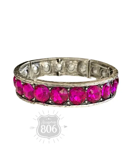 Rhinestone Studded Stretch Cuff Bracelet in Fuchsia