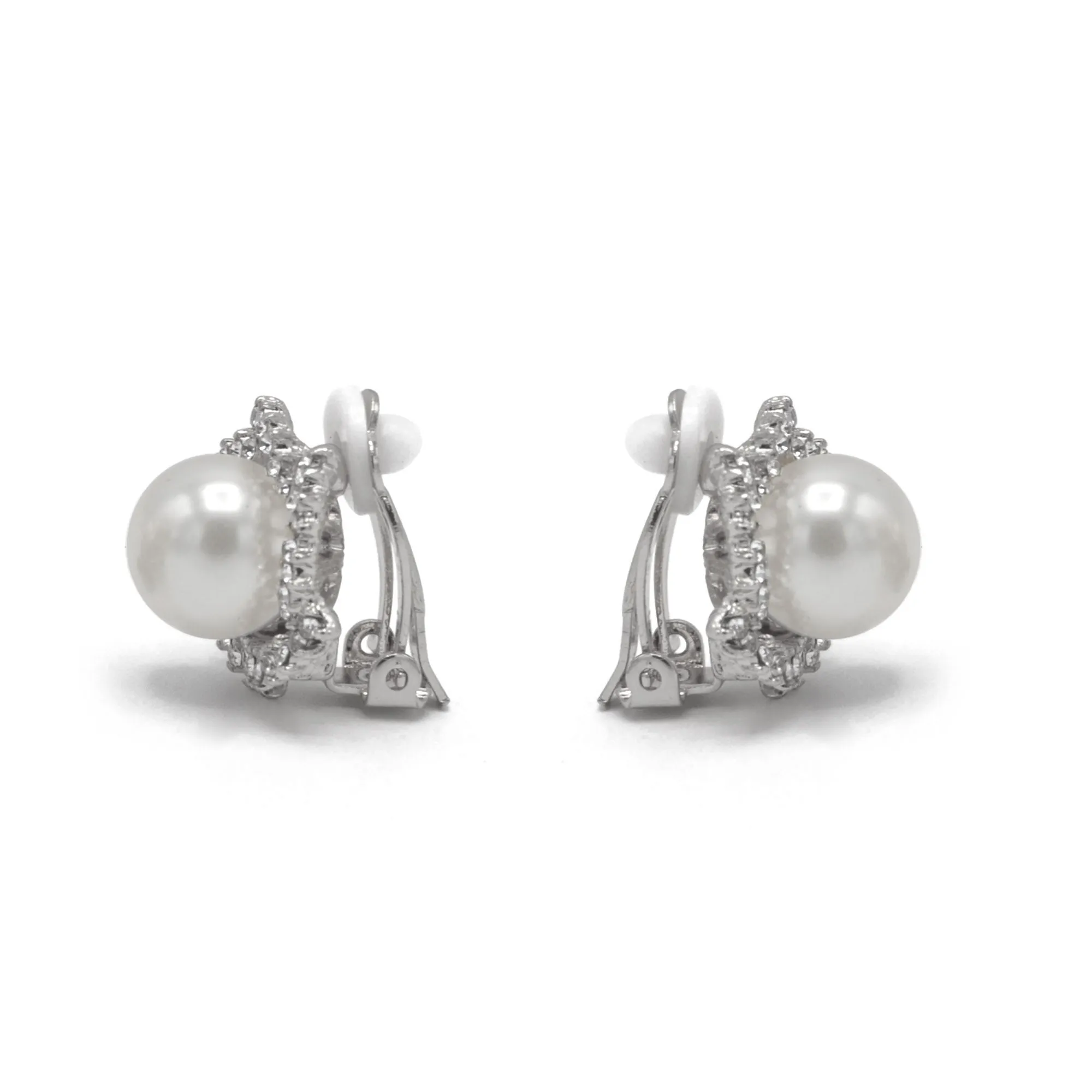 Rhodium and rhinestone crystal cream Pearl clip on earrings #HNE90882RD(GA10)