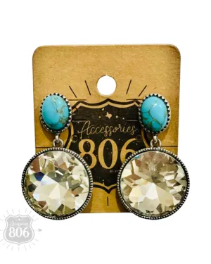 Round Clear Rhinestone Earrings with Turquoise Studs