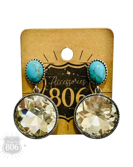 Round Clear Rhinestone Earrings with Turquoise Studs