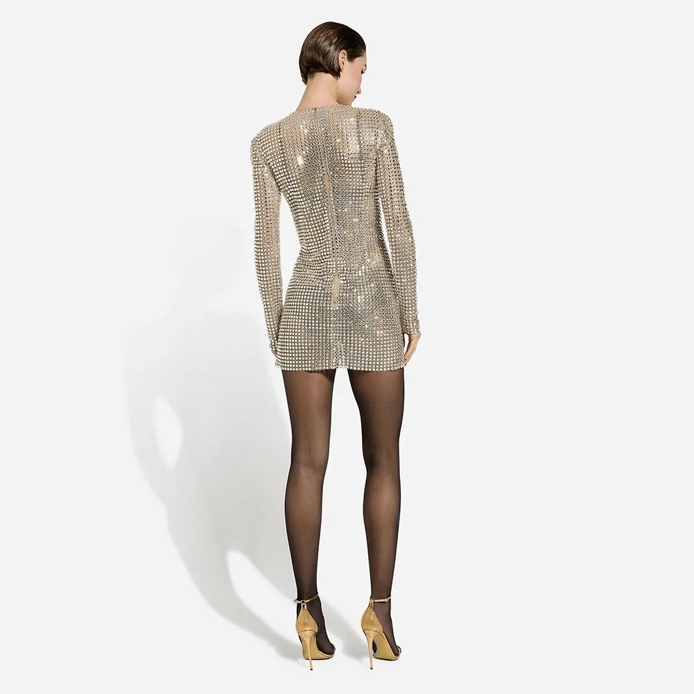 Round Neck Long Sleeve Rhinestone Mini Bodycon Dress HL9485