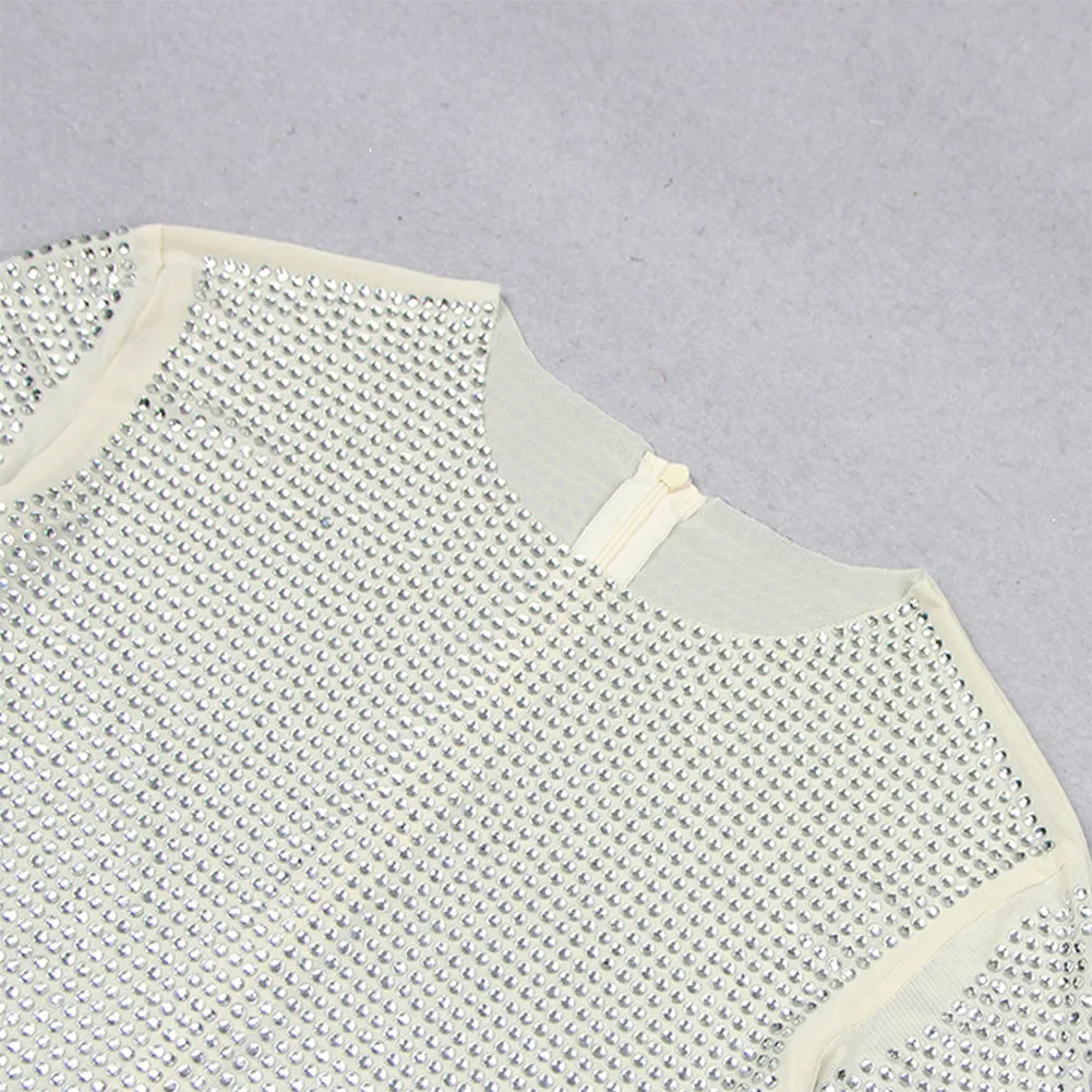 Round Neck Long Sleeve Rhinestone Mini Bodycon Dress HL9485
