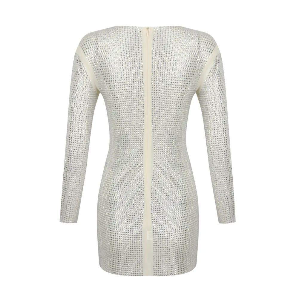 Round Neck Long Sleeve Rhinestone Mini Bodycon Dress HL9485