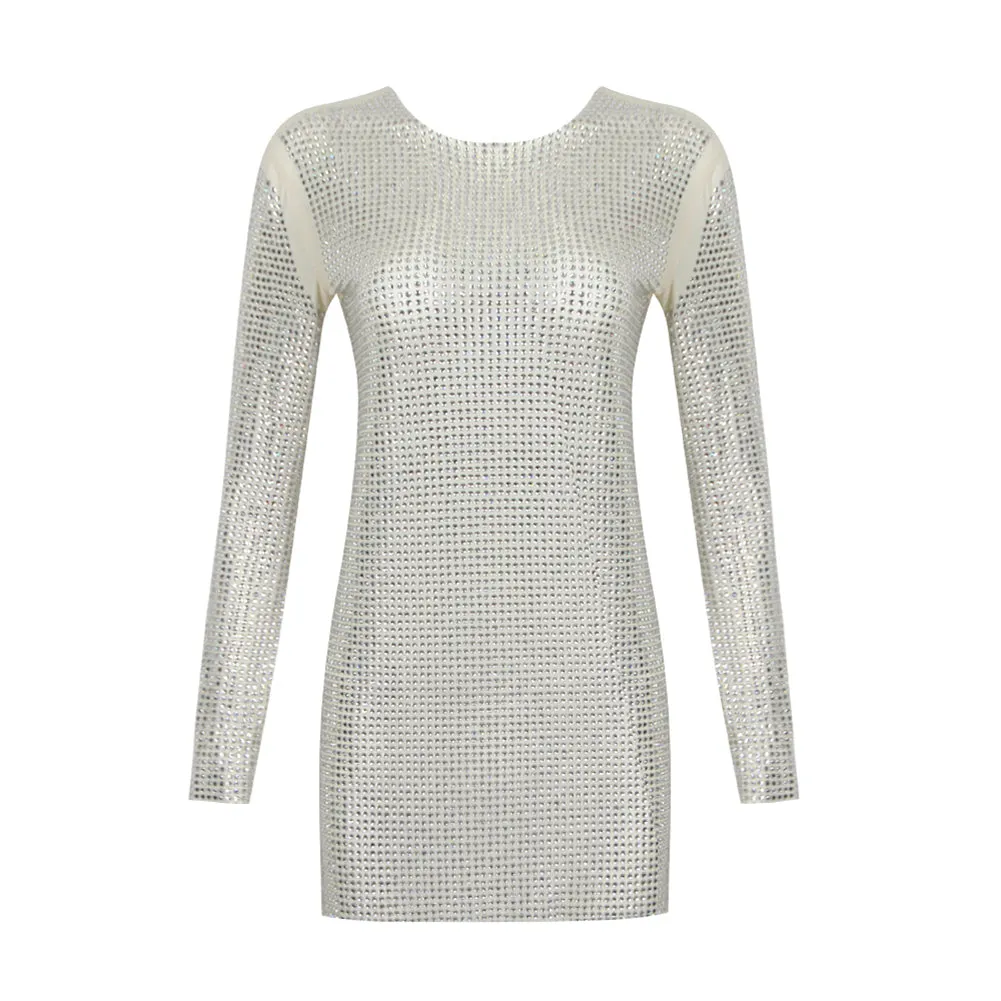Round Neck Long Sleeve Rhinestone Mini Bodycon Dress HL9485