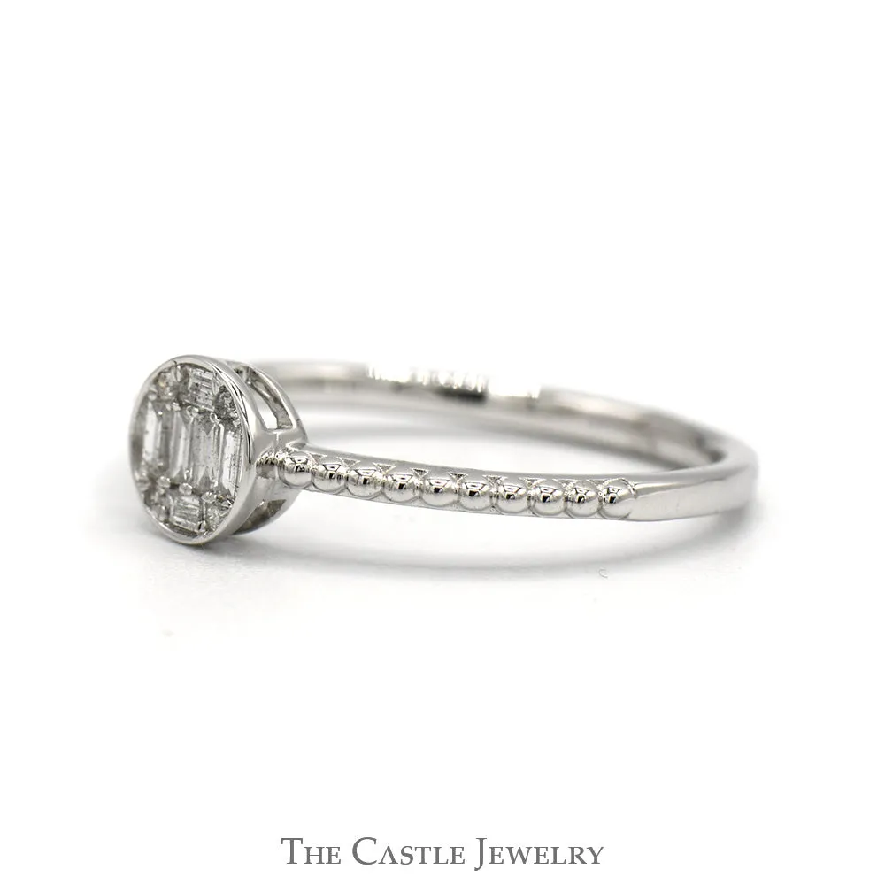 Round Shaped Baguette & Round Diamond Cluster Ring with Beaded Sides in 10k