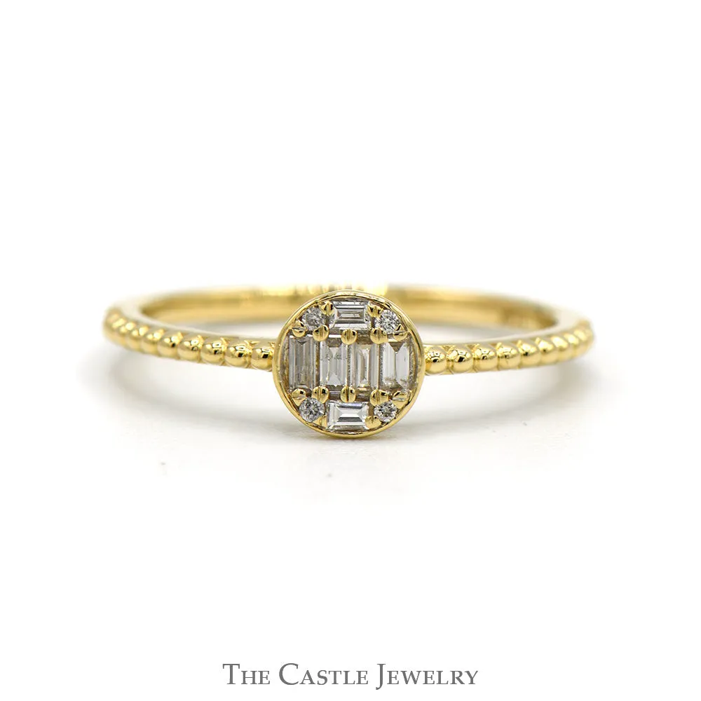 Round Shaped Baguette & Round Diamond Cluster Ring with Beaded Sides in 10k