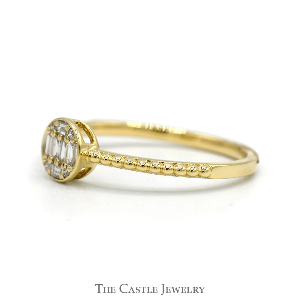 Round Shaped Baguette & Round Diamond Cluster Ring with Beaded Sides in 10k