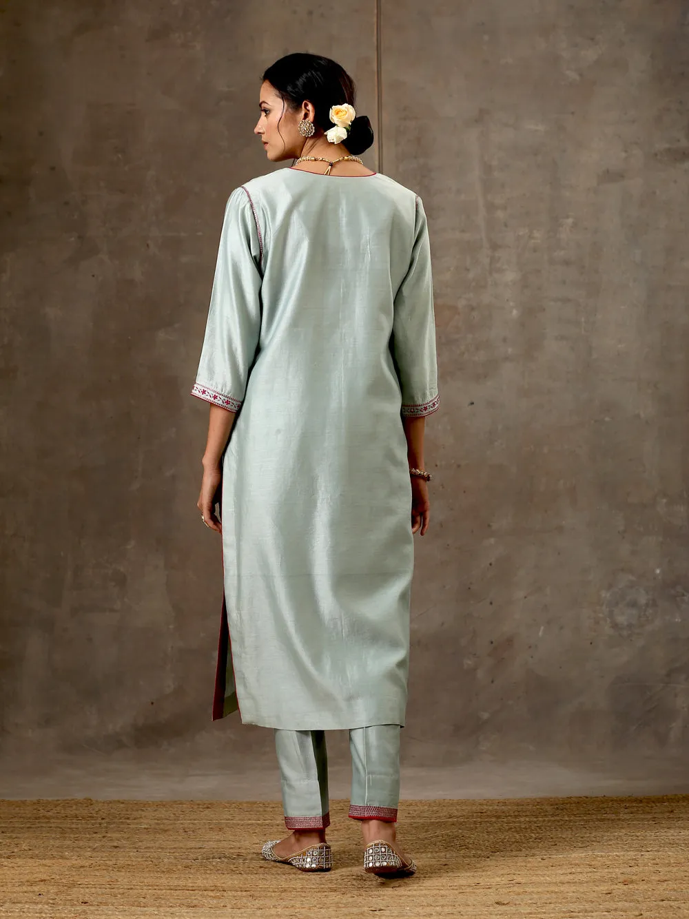 Sage Green Hand Embroidered Chanderi Silk Set