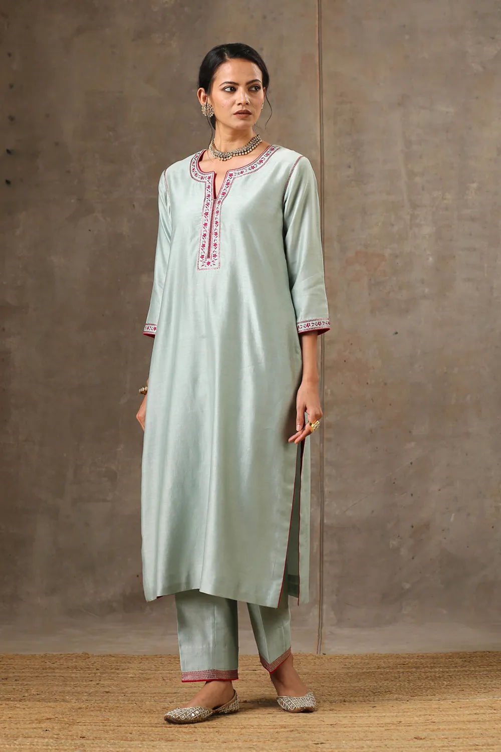 Sage Green Hand Embroidered Chanderi Silk Set