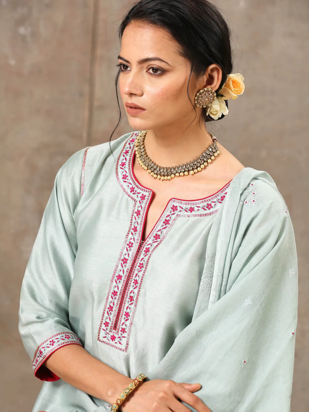 Sage Green Hand Embroidered Chanderi Silk Set