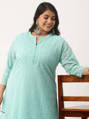 Sea Green Paisley Embroidered Georgette Lucknowi Chikankari Kurta For Women - ZOLA