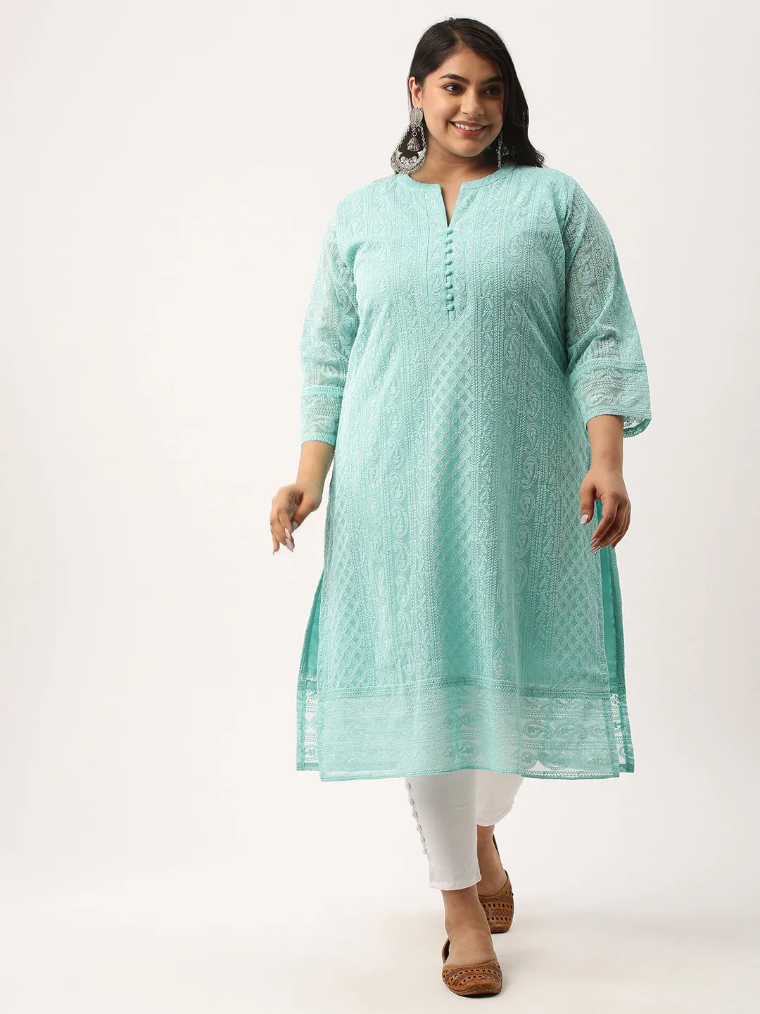 Sea Green Paisley Embroidered Georgette Lucknowi Chikankari Kurta For Women - ZOLA