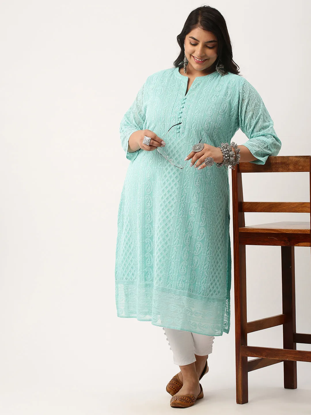 Sea Green Paisley Embroidered Georgette Lucknowi Chikankari Kurta For Women - ZOLA